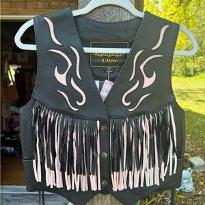 NWT Unik Pink & Black Fringe Leather Vest